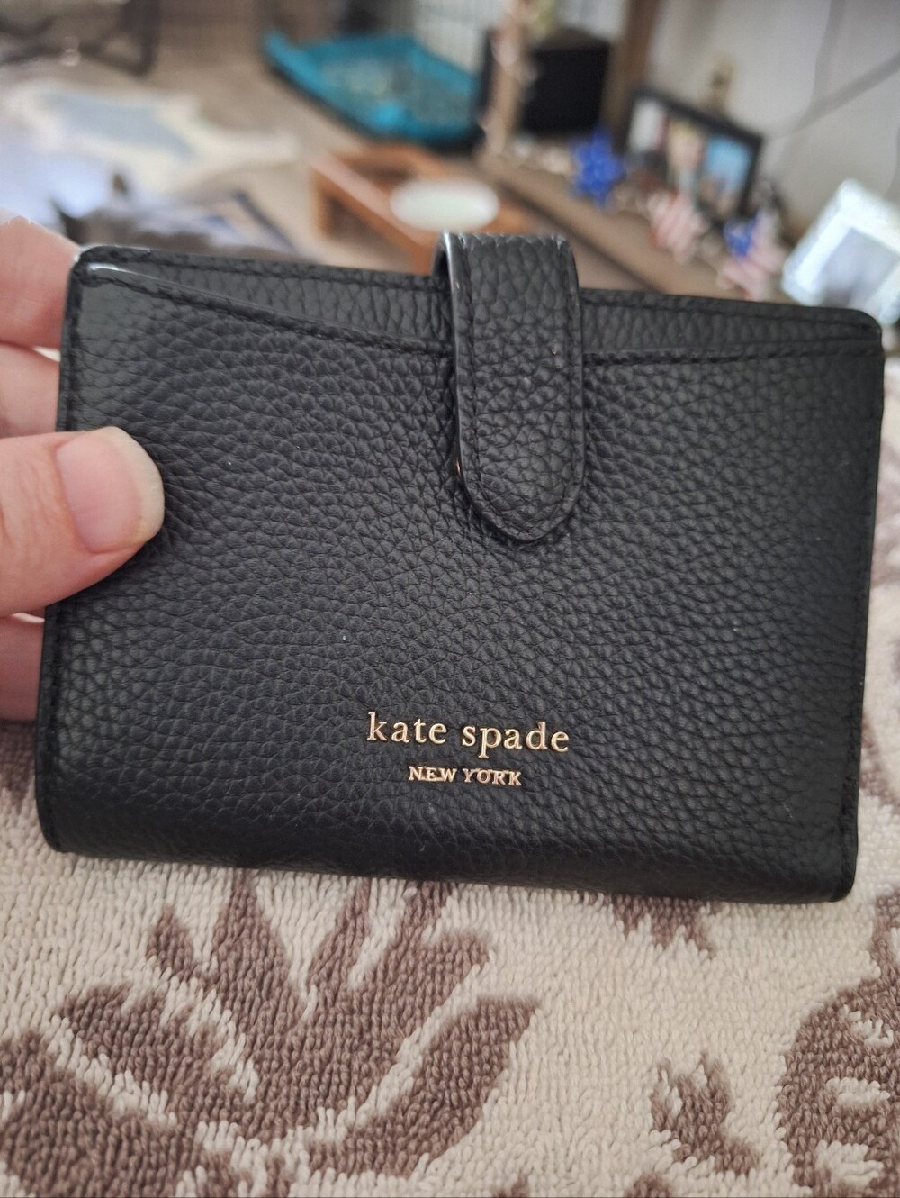 kate spade Black Pebbled Leather Card Wallet with Gold Logo